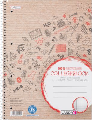 Collegeblock LANDRÉ Recycling, 80 Blatt, DIN A4+, 70 g/m², 4-fach gelocht, Spiralbindung, OPTIK PAPER®, kariert, Rand links, mehrfarbig