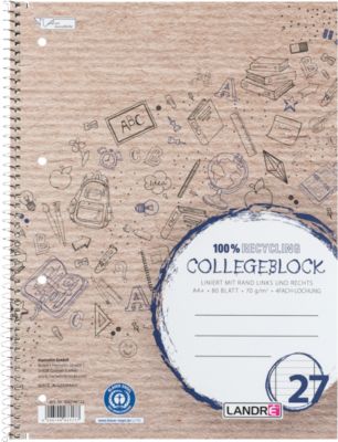 Collegeblock LANDRÉ Recycling, 80 Blatt, DIN A4+, 70 g/m², 4-fach gelocht, Spiralbindung, OPTIK PAPER®, Lineatur 27, blau
