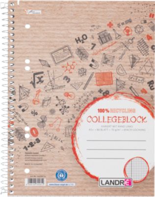 Collegeblock LANDRÉ Recycling, 80 Blatt, DIN A5+, 70 g/m², 6-fach gelocht, Spiralbindung, OPTIK PAPER®, kariert, Rand links, mehrfarbig