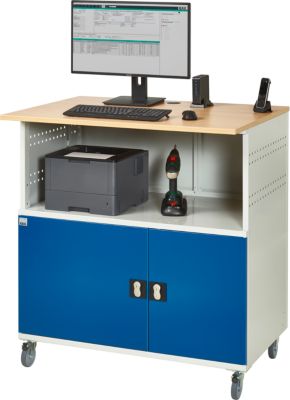 Computer-Station Typ 1023, Arbeitsplatte, Unterschrank, bis 200 kg, B 1100 x T 790 x H 1180 mm, Stahl/Holz, mobil