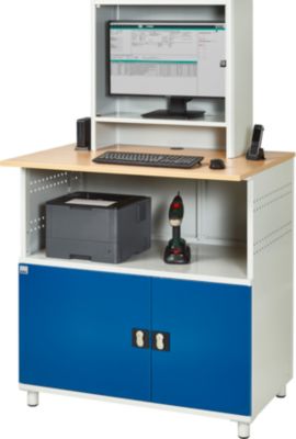 Computer-Station Typ 1023, Monitorfach bis 26“, Ablagefach, Arbeitsplatte, Unterschrank, bis 200 kg, B 1100 x T 790 x H 1840 mm, Stahl/Holz, stationär