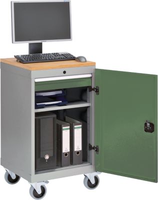 Computerschrank Bedrunka+Hirth, mobil, Buche-Multiplex-Arbeitsplatte, Flügeltür, Schubfach, 4er-Steckdose, B 530 x T 500 x H 1000 mm, Stahlblech