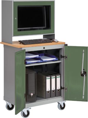 Computerschrank Bedrunka+Hirth, mobil, Monitorgehäuse, Buche-Multiplex-Arbeitsplatte, 2 Flügeltüren, 4er Steckdose, B 750 x T 500 x H 1600 mm, Stahlblech