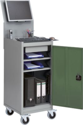 Computerschrank Bedrunka+Hirth, mobil, Monitorhalterung, Ablageflächen, Flügeltür, Schubfach, 4er-Steckdose, B 500 x T 500 x H 1725 mm, Stahlblech