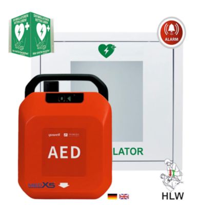 Defibrillator MedX5 HeartSave YA, automatische Schockabgabe, Sprachausgabe DE/EN, IP55, Metall-Wandkasten inkl. Alarm, mit HLW-Feedback-Sensor