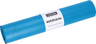 Deiss Abfallsäcke, 120 Liter, Recycling-LDPE, reißfest und vielseitig, B 700 x H 1100 mm, blau, 24 µm, 250 Stück