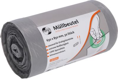 Deiss FIRST PLUS Müllbeutel, mit Tragegriff, LDPE, 14 µm, grau, B 630 x H 850 mm, 80 Liter, 300 Stück