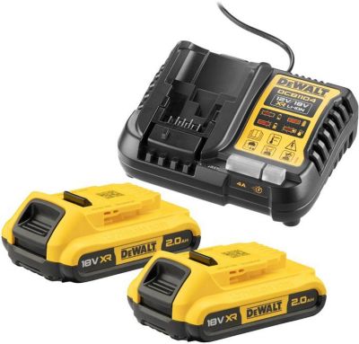 DEWALT Akku-Starter-Set DCB1104D2, 18V 2Ah, Li-Ion, Ladestrom 4A, kompakt, für 10,8/14,4/18/54V Akkus