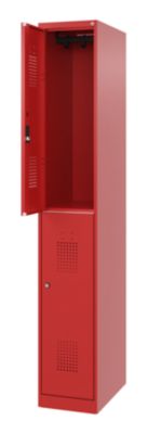 Doppelstöckiger Feuerwehrspind C+P Flexo White, 1 Abteil mit 2 Fächern, Bodengleiter, B 300 x T 500 x H 1850 mm, RAL 3000 Feuerrot