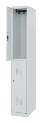 Doppelstöckiger Feuerwehrspind C+P Flexo White, 1 Abteil mit 2 Fächern, Bodengleiter, B 300 x T 500 x H 1850 mm, RAL 7035 Lichtgrau