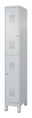 Doppelstöckiger Feuerwehrspind C+P Flexo White, 1 Abteil mit 2 Fächern, Füße, B 300 x T 500 x H 1950 mm, RAL 7035 Lichtgrau