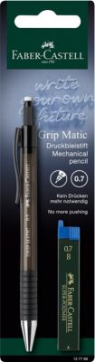 Druckbleistift Faber-Castell GRIP-MATIC 1377, Minenstärke 0,7 mm, HB, Auto-Minenvorschub, Mine auswechselbar, gummierte Griffzone, Kunststoff & Metall, transluzent-schwarzgrau, inkl. 12 Minen