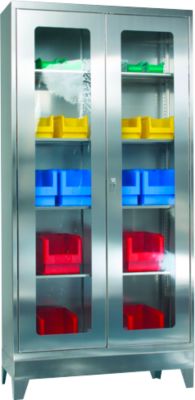 Edelstahl-Vitrinenschrank, 2-türig, 4 Einlegeböden, mit Füßen, B 1000 x T 400 x H 1950 mm