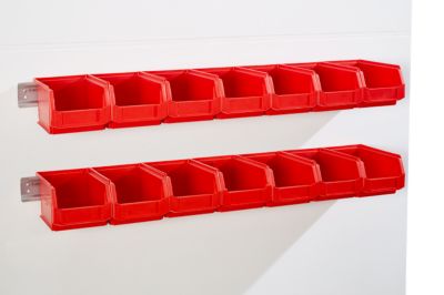 Einhängeleisten Schäfer Shop Select, 2 Stück, mit 14 Sichtlagerkästen SSI Schäfer Serie PROFI LF 221, inkl. Befestigungsmaterial, L 1135 x B 68 x T 2 mm, Stahlblech, verzinkt