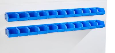 Einhängeleisten Schäfer Shop Select, 2 Stück, mit 22 Sichtlagerkästen SSI Schäfer Serie PROFI LF 211, inkl. Befestigungsmaterial, L 1135 x B 68 x T 2 mm, Stahlblech, verzinkt