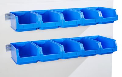 Einhängeleisten Schäfer Shop Select, L 1135 x B 68 x T 2 mm, Stahlblech, verzinkt, 2 Stück + 10 Sichtlagerkästen SSI Schäfer Serie PROFI LF 321, blau