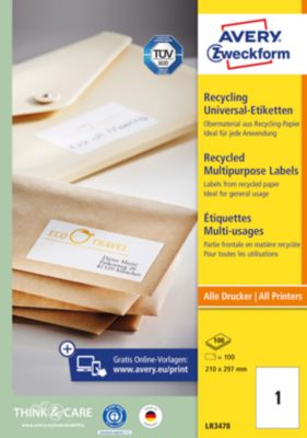 Etiketten AVERY® Zweckform, für Druckertyp Inkjet/Laser, rechteckig, nachhaltig, A4 Format, Papier, naturweiß, 100 Etiketten, B 297 x H 210 mm