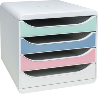 Exacompta Pop Box Schubladenbox, für A4/A4+, aus recyceltem Kunststoff, geschlossene Schubladen, stapelbar, leiser Auszug, 4 Schubladen, farbsortiert