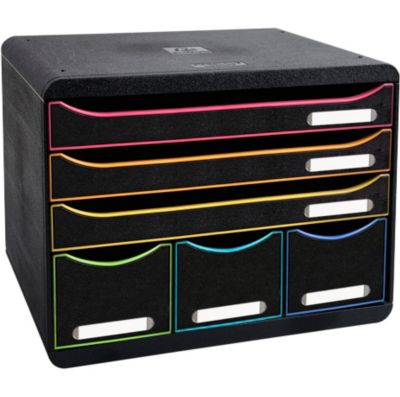 Exacompta STOREBOX Schwarz/Harlekin, 6 offene Schubladen A4+ quer, 27 cm tief, leise Auszüge, Sicherheitsstopp, 25 Jahre