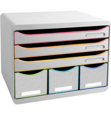 Exacompta STOREBOX Weiß/Harlekin, 6 offene Schubladen A4+ quer, 27 cm tief, leise Auszüge, Sicherheitsstopp, 25 Jahre