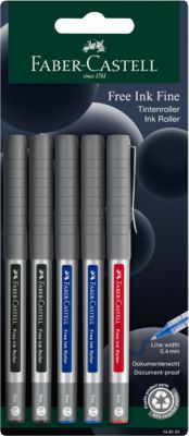 Faber-Castell Tintenroller Free Ink, Strichstärke 0,4 mm, Minen-Ø 0,7 mm, farbsortiert, Recycling-Kunststoff/Metall, 5 Stück