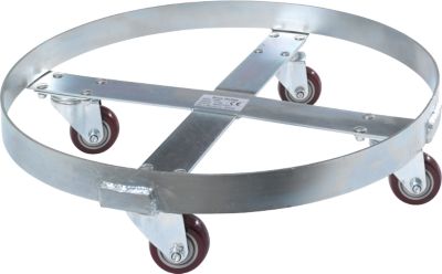 Fassroller, Stahl verzinkt, Ø 610 x H 160 mm, 4 Kunststoff-Lenkrollen, für 250 l Fässer, bis 410 kg