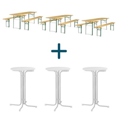 Festzeltgarnitur, 3-teilig, bestehend aus 1 Tisch und 2 Bänken, extra gross, 3 Garnituren + 3 x Stehtisch Quickstep gratis