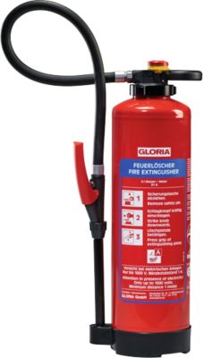 Feuerlöscher Gloria® WKL 6 PRO, DIN EN 3, Leistung 21 A, ideal für Li-Ionen Akkus bis 642 Wh, 6 l, 65 s, 4 m, Schlagknopf, Löschlanze & Löschpistole