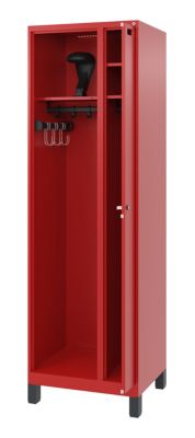 Feuerwehrspind C+P Evolo Kombi, 2 Abteile für 1 Person, mit Helmhalter, Füsse, B 600 x T 500 x H 1950 mm, RAL 3000 Feuerrot/RAL 7021 Schwarzgrau
