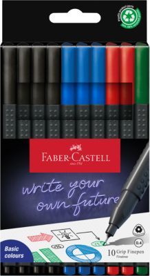 Fineliner FABER-CASTELL Grip, Strichbreite 0,4 mm, ergonomische Griffzone, für Rechts- & Linkshänder, auswaschbar, Office-Farben, 10 Stück in Kartonetui