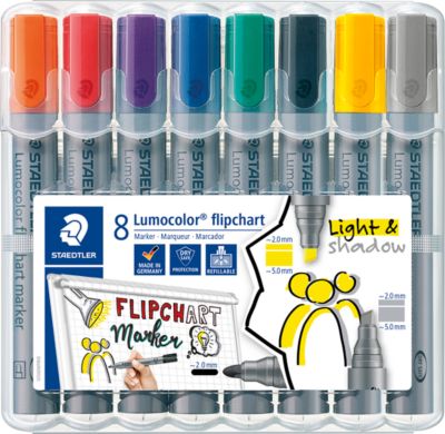 Flipchartmarker Staedtler Lumocolor® 356, 6x Rundspitze 2 mm, 2x Keilspitze 2 oder 5 mm, schnell trocknend, mit Clip, farbsortiert, 8 Stück