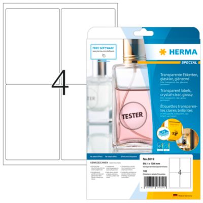 Folienetiketten HERMA 8019, permanenthaftend, selbstklebend, bedruckbar, No-Label-Effekt, B 99,1 x H 139 mm, Folie, transparent, 100 Stück/25 Blatt