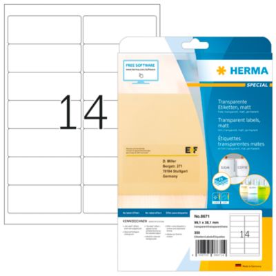 Folienetiketten HERMA 8671, permanenthaftend, selbstklebend, bedruckbar, No-Label-Effekt, B 99,1 x H 38,1 mm, transparent, 350 Stück/25 Blatt