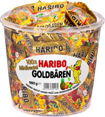 Fruchtgummi Haribo Goldbären, 100 Minibeutel in Dose, Gesamtgewicht 980 g