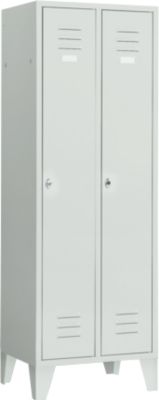 Garderobekast, 2 deuren, B 600 x H 1800 mm, incl. poten, draaigrendelslot, lichtgrijs