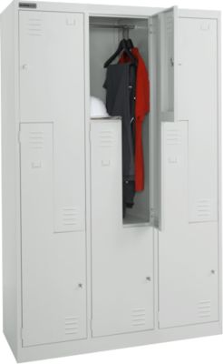 Garderobekast, 6 vakken met hoedenplank &amp; kledingstang en 6 vakken, Z-deuren, cilinderslot, met sokkel, B 1200 x D 450 x H 1850 mm, gepoedercoat staal, lichtgrijs/lichtgrijs