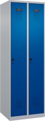 Garderobekast C+P Evolo Plus, 2 vakken, rechts scharnierend, veiligheidsslot, soft-close, B 600 x D 500 x H 1850 mm, blank aluminium/ gentiaanblauw