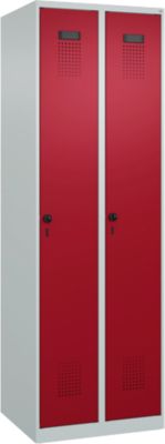 Garderobekast C+P Evolo Plus, 2 vakken, rechts scharnierend, veiligheidsslot, soft-close, B 600 x D 500 x H 1850 mm, lichtgrijs/ruwe rood