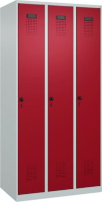Garderobekast C+P Evolo Plus, 3 vakken, rechts scharnierend, veiligheidsdraaigrendel, B 900 x D 500 x H 1850 mm, lichtgrijs/ruinrood