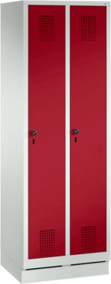 Garderobekast Evolo S 3000, met sokkel, 2 vakken, veiligheidsdraaibout slot, lichtgrijs RAL 7035/rood RAL 3003