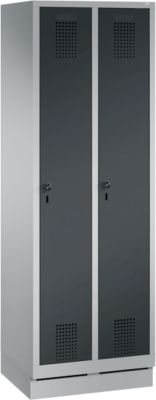 Garderobekast Evolo S 3000, met sokkel, 2 vakken, veiligheidsdraaibout slot, wit aluminium RAL 9006/antraciet RAL 7016