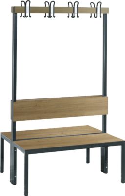 Garderobenbank Basic Plus, 2-seitig, Rückenlehne, ohne Schuhrost, Fussgestell schwarzgrau RAL 7021, B 1000 mm, Dekor Eiche Ser.