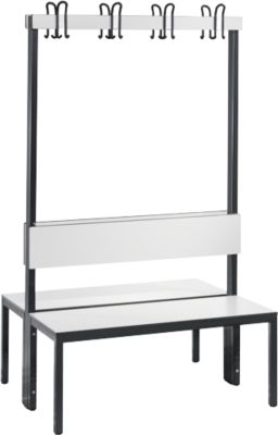 Garderobenbank Basic Plus, 2-seitig, Rückenlehne, ohne Schuhrost, Fußgestell schwarzgrau RAL 7021, B 1000 mm, Dekor weiß