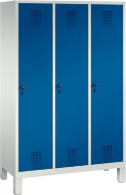 Garderobenspind Evolo S 3000, Stahl, m. Füßen, 3 Abteile, Sicherheitsdrehriegelverschluss, lichtgrau RAL 7035/enzianblau RAL 5010