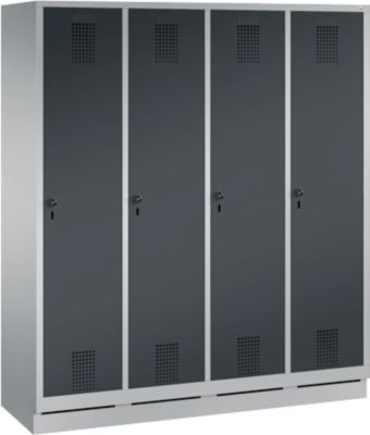 Garderobenspind Evolo S 3000, Stahl, m. Sockel, 4 Abteile m. jew. B 400 mm, Sicherheitsdrehriegelverschluss, weißaluminium RAL 9006/anthrazit RAL 7016