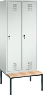 Garderobenspind Evolo S 3000, Stahl, m. untergeb. Sitzbank, 2 Abteile m. jew. B 400 mm, Sicherheitsdrehriegelverschluss, lichtgrau RAL 7035/lichtgrau RAL 7035