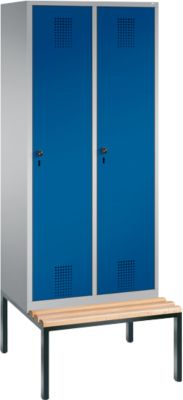 Garderobenspind Evolo S 3000, Stahl, m. untergeb. Sitzbank, 2 Abteile m. jew. B 400 mm, Sicherheitsdrehriegelverschluss, weißaluminium RAL 9006/enzianblau RAL 5010