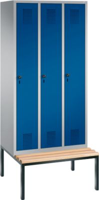 Garderobenspind Evolo S 3000, Stahl, m. untergeb. Sitzbank, 3 Abteile m. jew. B 300 mm, Sicherheitsdrehriegelverschluss, weißaluminium RAL 9006/enzianblau RAL 5010