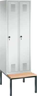 Garderobenspind Evolo S 3000, Stahl, m. untergebauter Sitzbank, 2 Abteile m. jew. B 300 mm, Sicherheitsdrehriegelverschluss, lichtgrau RAL 7035/lichtgrau RAL 7035