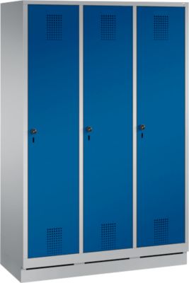 Garderobenspind Evolo S 3000, Stahl, mit Sockel, 3 Abteile mit jeweils B 400 mm, Drehriegel, weißaluminium RAL 9006/enzianblau RAL 5010